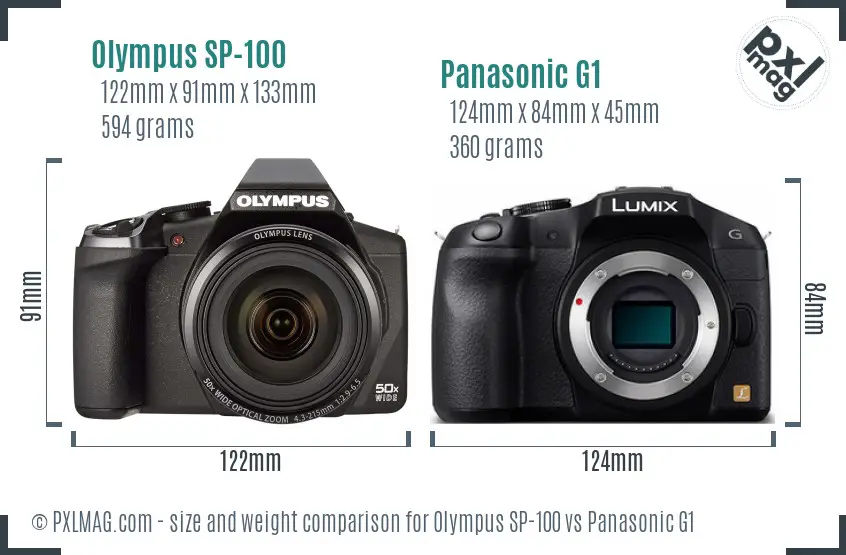 Olympus SP-100 vs Panasonic G1 size comparison