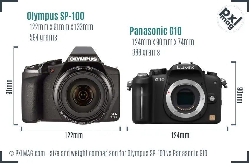 Olympus SP-100 vs Panasonic G10 size comparison