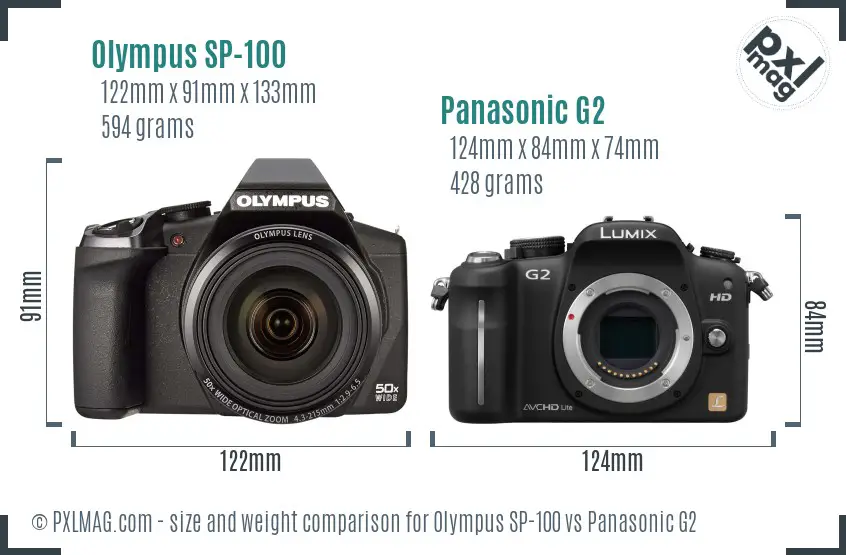 Olympus SP-100 vs Panasonic G2 size comparison
