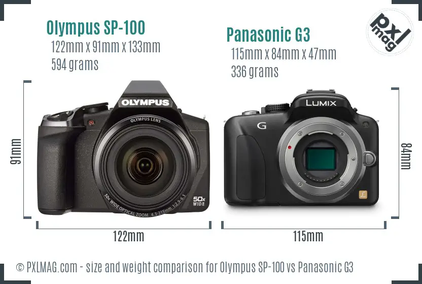 Olympus SP-100 vs Panasonic G3 size comparison
