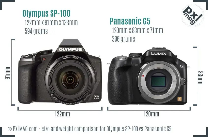 Olympus SP-100 vs Panasonic G5 size comparison