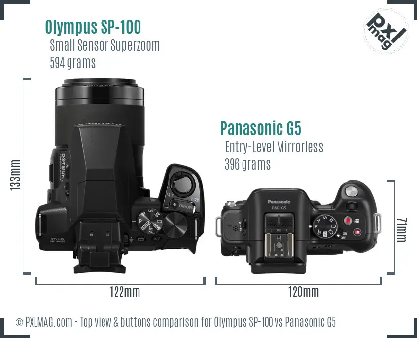 Olympus SP-100 vs Panasonic G5 top view buttons comparison
