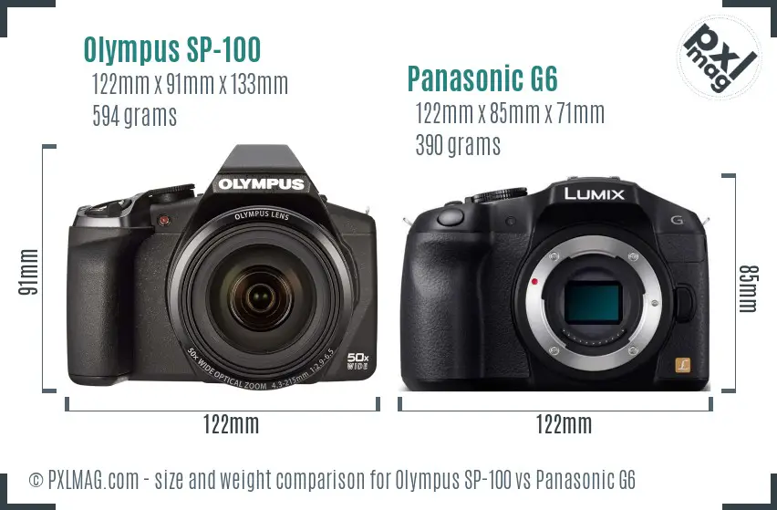Olympus SP-100 vs Panasonic G6 size comparison