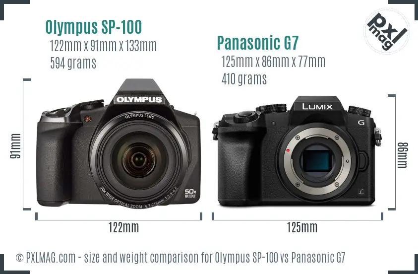 Olympus SP-100 vs Panasonic G7 size comparison