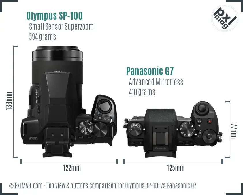 Olympus SP-100 vs Panasonic G7 top view buttons comparison