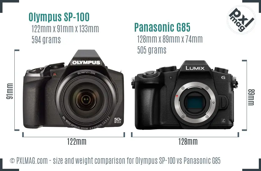 Olympus SP-100 vs Panasonic G85 size comparison