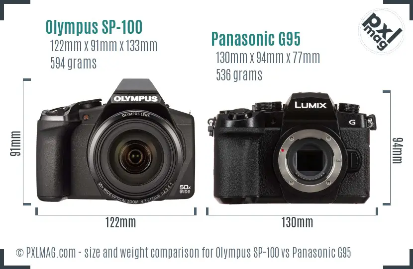 Olympus SP-100 vs Panasonic G95 size comparison