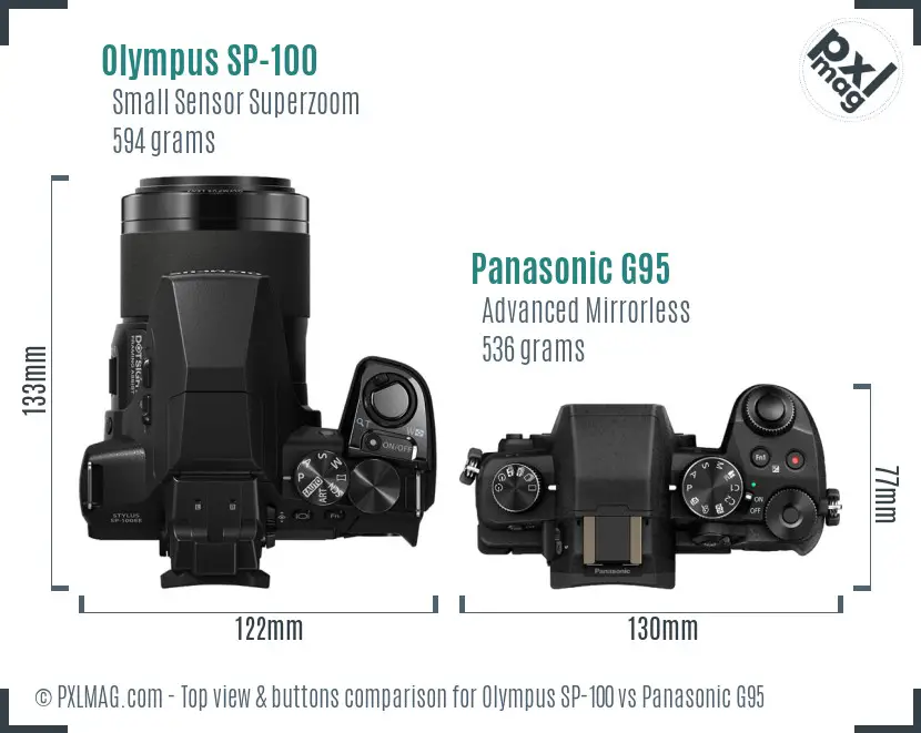 Olympus SP-100 vs Panasonic G95 top view buttons comparison