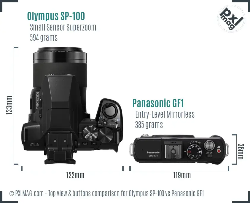 Olympus SP-100 vs Panasonic GF1 top view buttons comparison