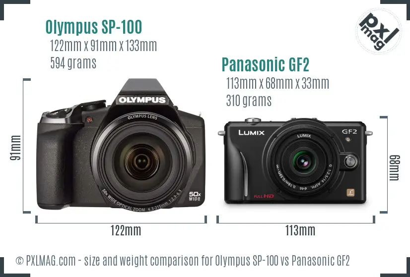 Olympus SP-100 vs Panasonic GF2 size comparison