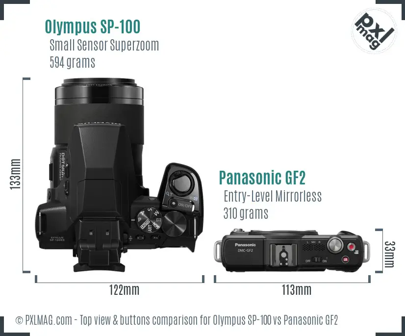 Olympus SP-100 vs Panasonic GF2 top view buttons comparison