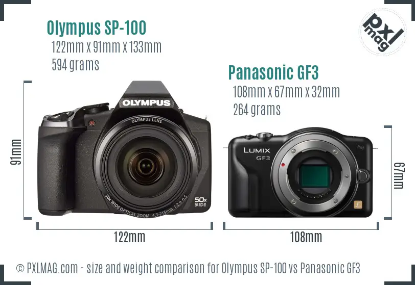 Olympus SP-100 vs Panasonic GF3 size comparison