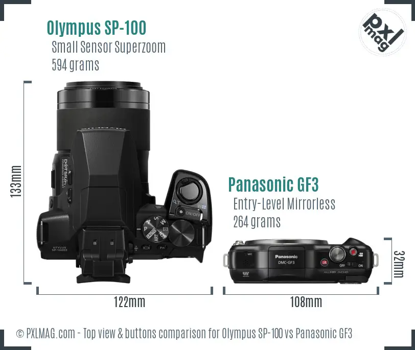 Olympus SP-100 vs Panasonic GF3 top view buttons comparison