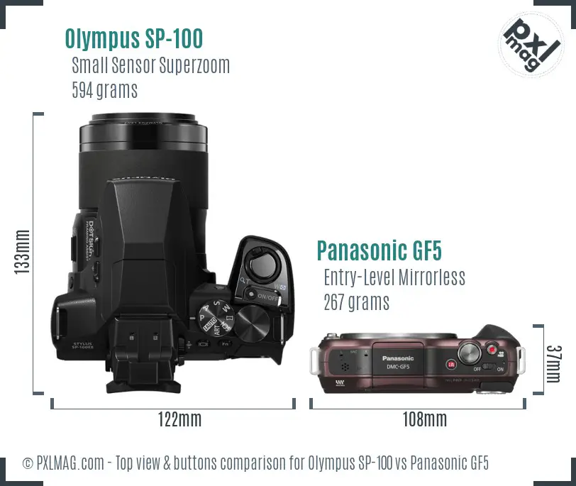 Olympus SP-100 vs Panasonic GF5 top view buttons comparison