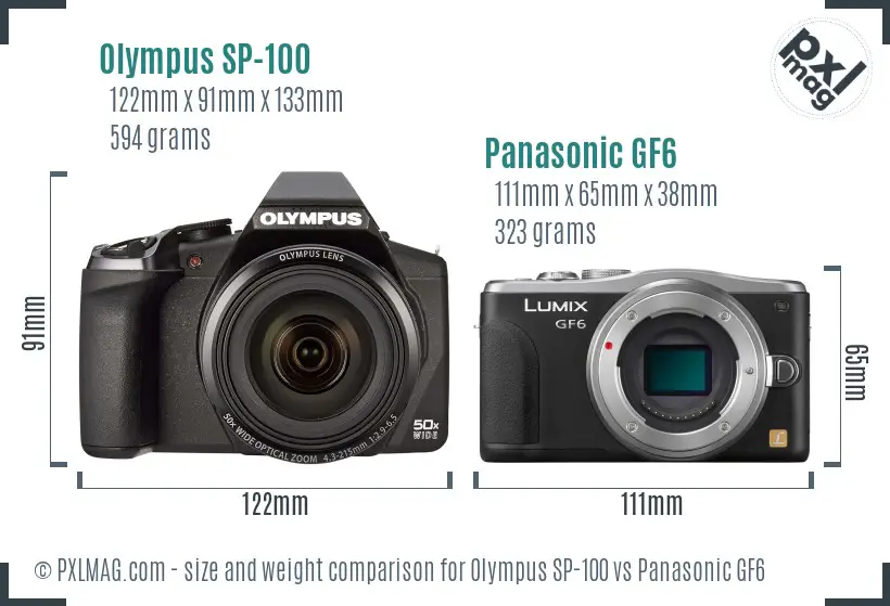 Olympus SP-100 vs Panasonic GF6 size comparison
