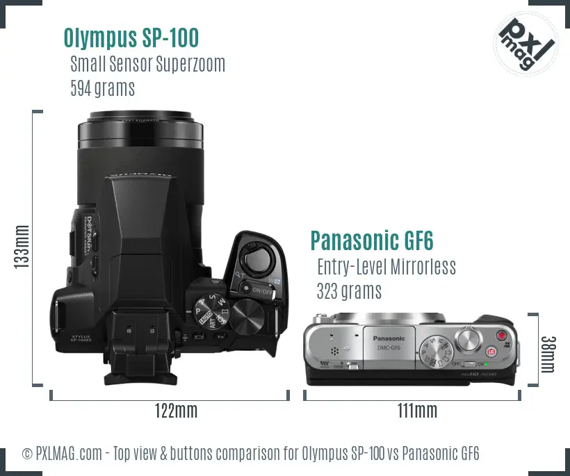 Olympus SP-100 vs Panasonic GF6 top view buttons comparison