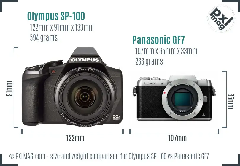 Olympus SP-100 vs Panasonic GF7 size comparison