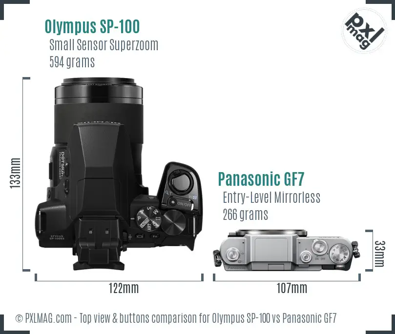 Olympus SP-100 vs Panasonic GF7 top view buttons comparison