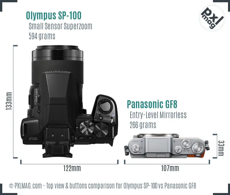 Olympus SP-100 vs Panasonic GF8 top view buttons comparison