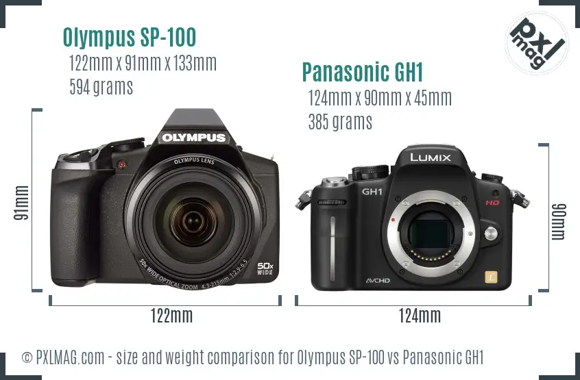 Olympus SP-100 vs Panasonic GH1 size comparison