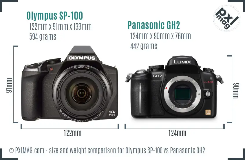 Olympus SP-100 vs Panasonic GH2 size comparison