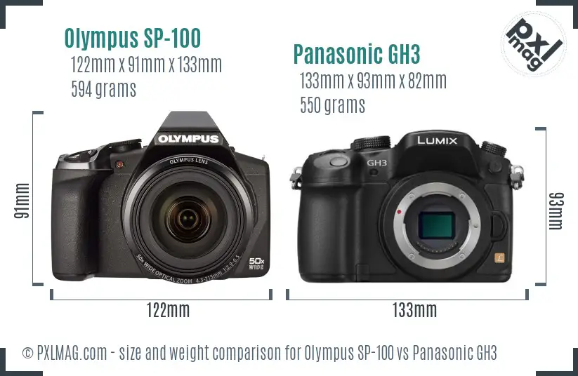 Olympus SP-100 vs Panasonic GH3 size comparison
