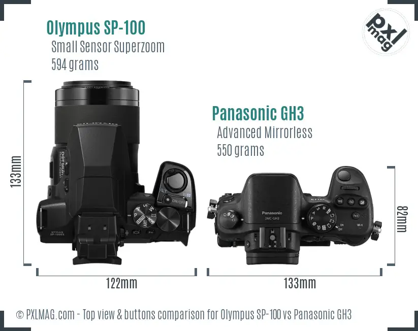 Olympus SP-100 vs Panasonic GH3 top view buttons comparison