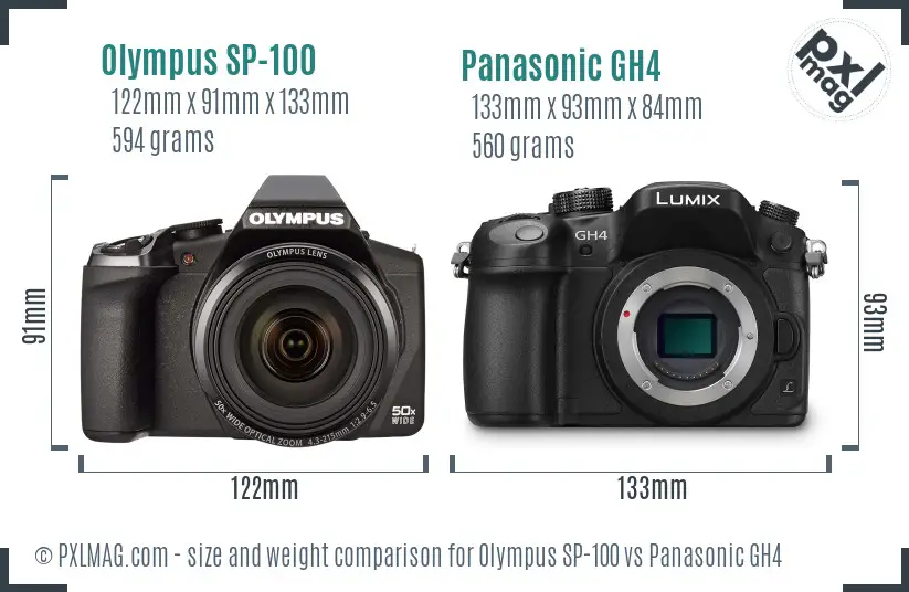 Olympus SP-100 vs Panasonic GH4 size comparison