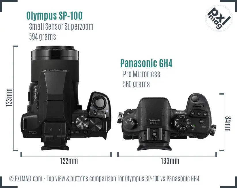 Olympus SP-100 vs Panasonic GH4 top view buttons comparison