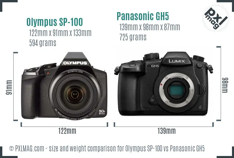 Olympus SP-100 vs Panasonic GH5 size comparison