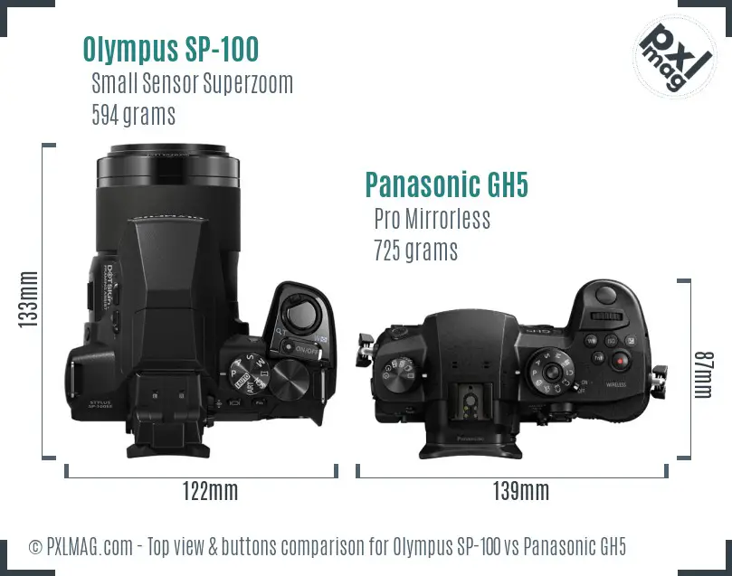 Olympus SP-100 vs Panasonic GH5 top view buttons comparison