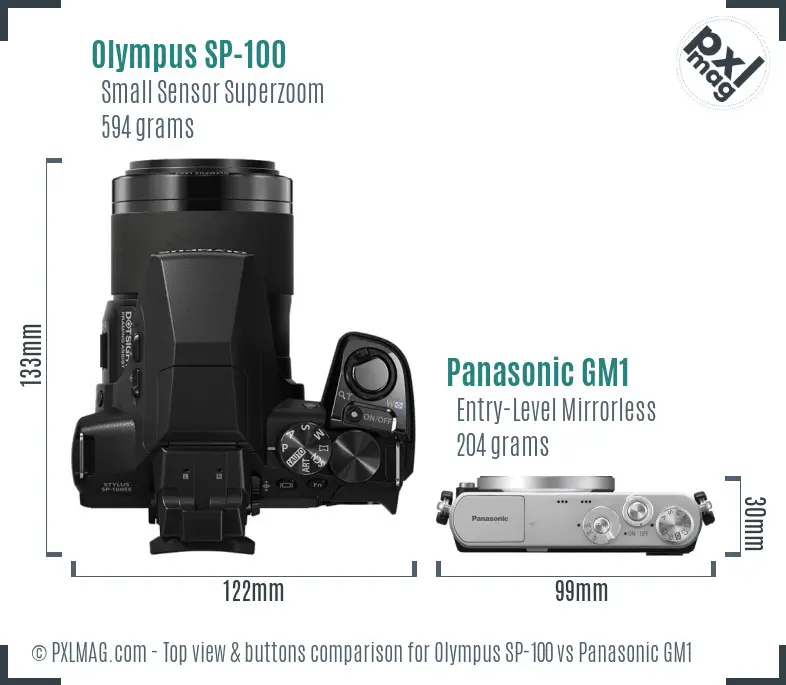 Olympus SP-100 vs Panasonic GM1 top view buttons comparison