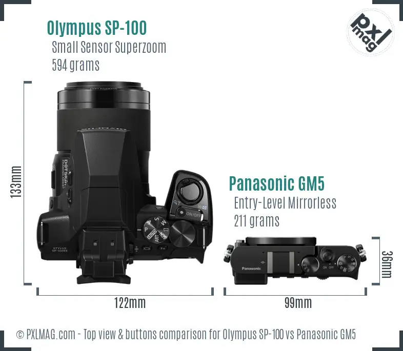 Olympus SP-100 vs Panasonic GM5 top view buttons comparison