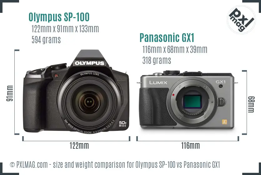 Olympus SP-100 vs Panasonic GX1 size comparison