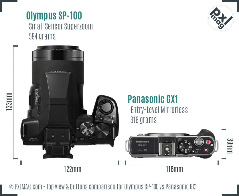 Olympus SP-100 vs Panasonic GX1 top view buttons comparison