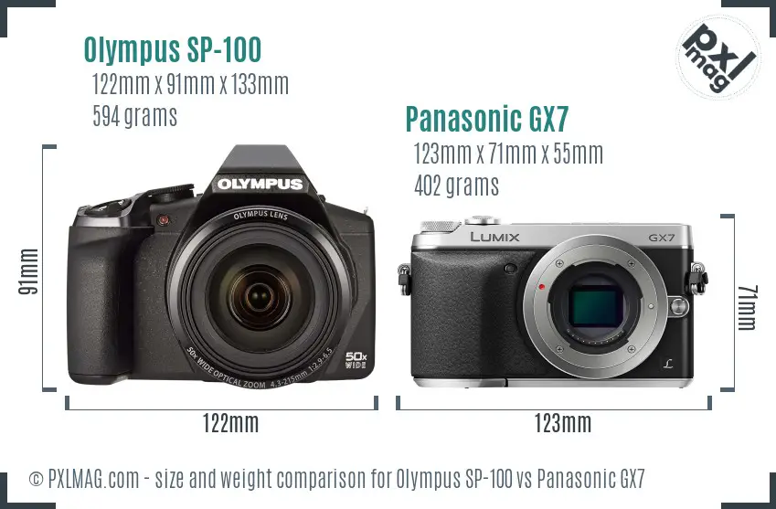 Olympus SP-100 vs Panasonic GX7 size comparison