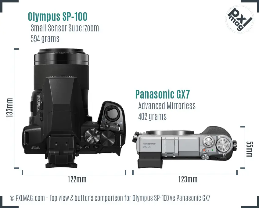 Olympus SP-100 vs Panasonic GX7 top view buttons comparison