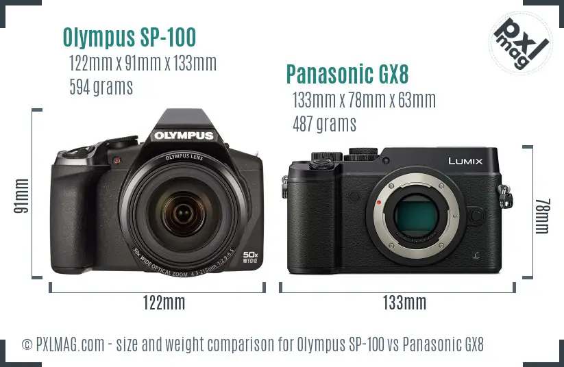 Olympus SP-100 vs Panasonic GX8 size comparison