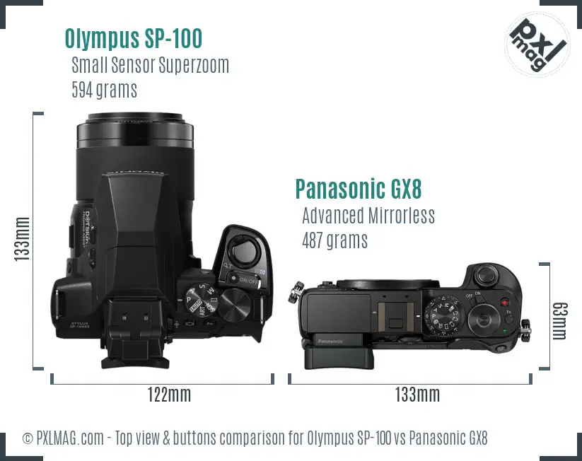 Olympus SP-100 vs Panasonic GX8 top view buttons comparison