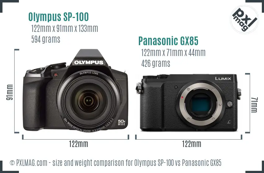 Olympus SP-100 vs Panasonic GX85 size comparison