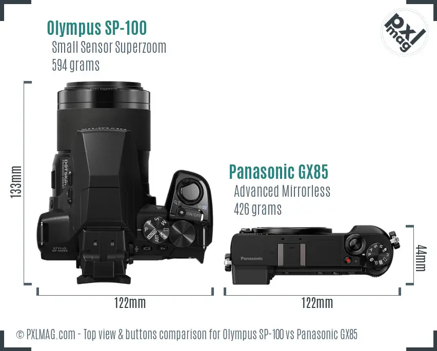 Olympus SP-100 vs Panasonic GX85 top view buttons comparison