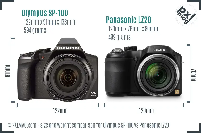 Olympus SP-100 vs Panasonic LZ20 size comparison