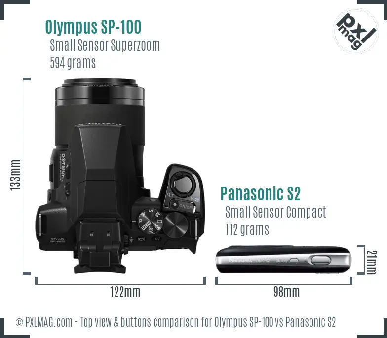 Olympus SP-100 vs Panasonic S2 top view buttons comparison
