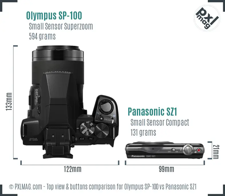 Olympus SP-100 vs Panasonic SZ1 top view buttons comparison