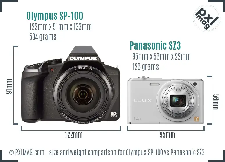 Olympus SP-100 vs Panasonic SZ3 size comparison