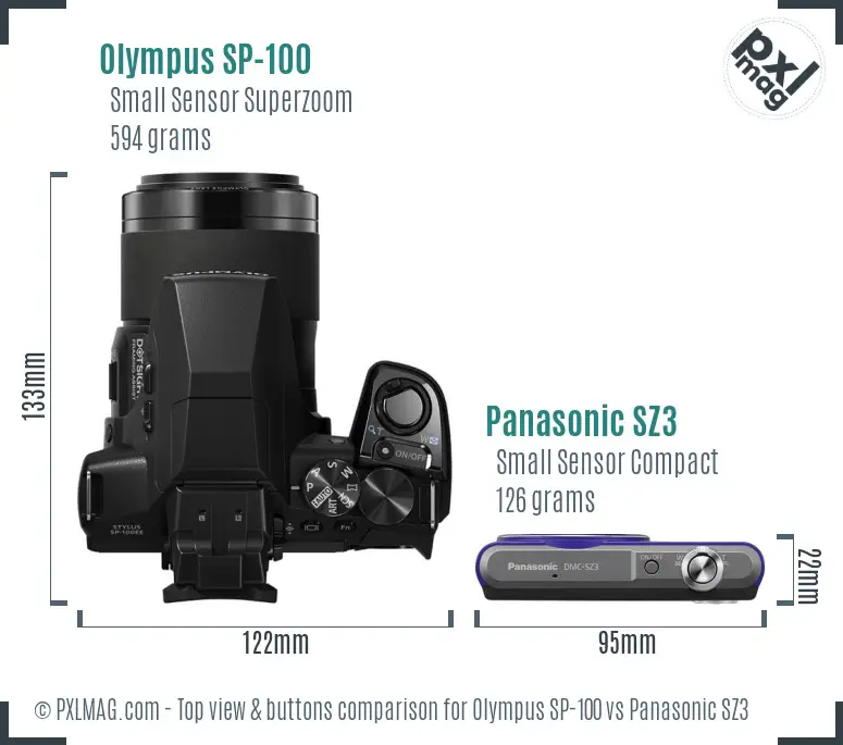 Olympus SP-100 vs Panasonic SZ3 top view buttons comparison