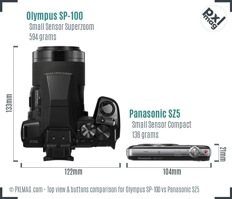 Olympus SP-100 vs Panasonic SZ5 top view buttons comparison