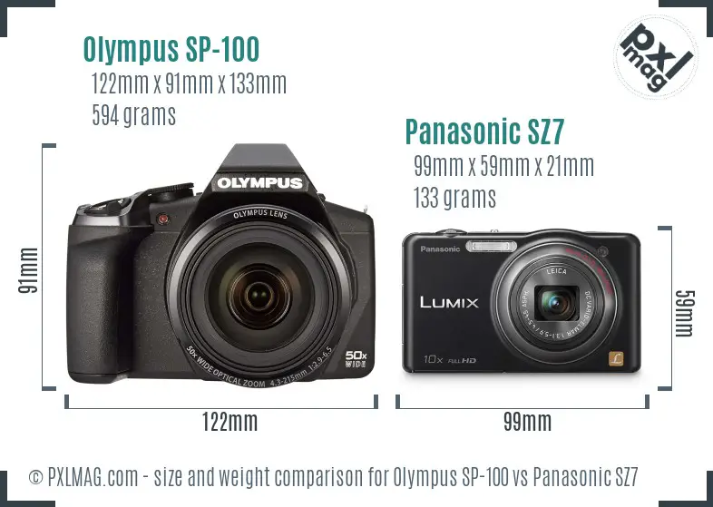 Olympus SP-100 vs Panasonic SZ7 size comparison