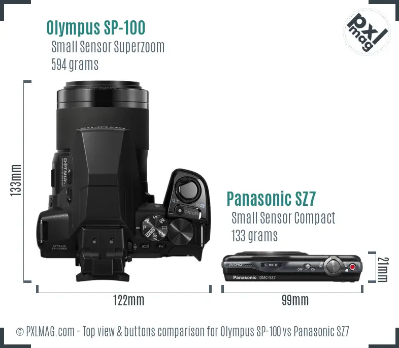 Olympus SP-100 vs Panasonic SZ7 top view buttons comparison