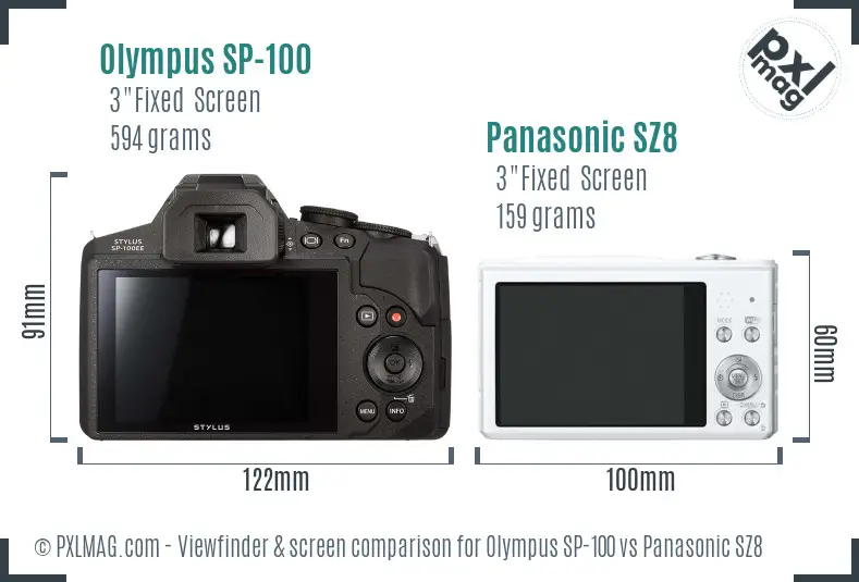 Olympus SP-100 vs Panasonic SZ8 Screen and Viewfinder comparison